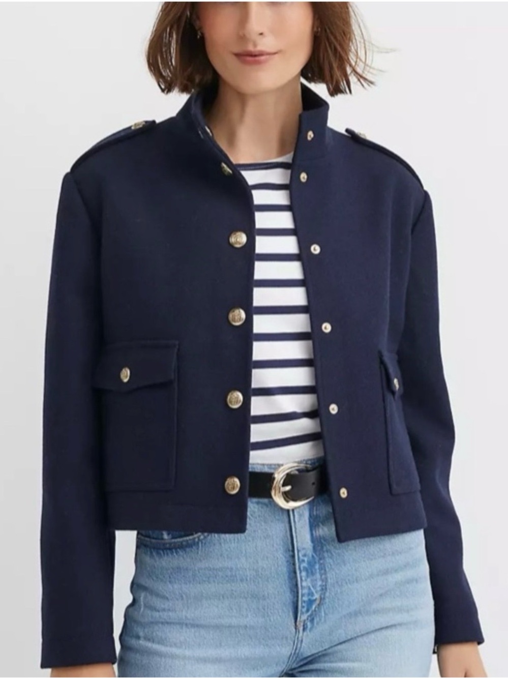 LOFT Navy Military-Inspired Crop Jacket with Gold Buttons